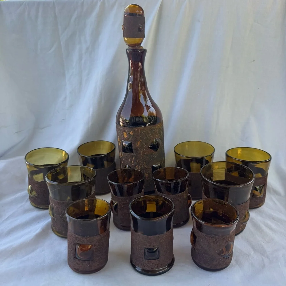 VINTAGE BRUTALIST FELIPE DERFLINGHER IMPRISONED GLASS DECANTER & GLASSES 12PCSET